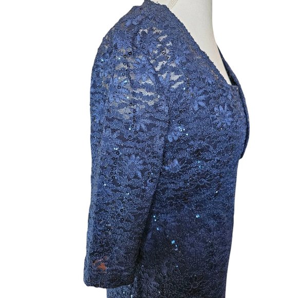 Y2K Womens Dark Blue Lace Sequins Formal Dress Bolero Sz 8 Stretchy Mother Bride - Picture 3 of 14